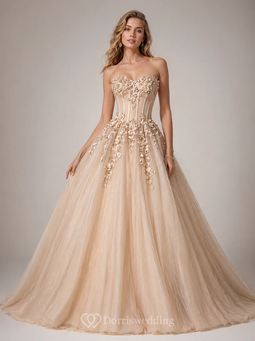 Luxuriöses, marineblaues, trägerloses Ballkleid mit Spitzenapplikationen für formelle Anlässe wie Abschlussball oder Gala view 3