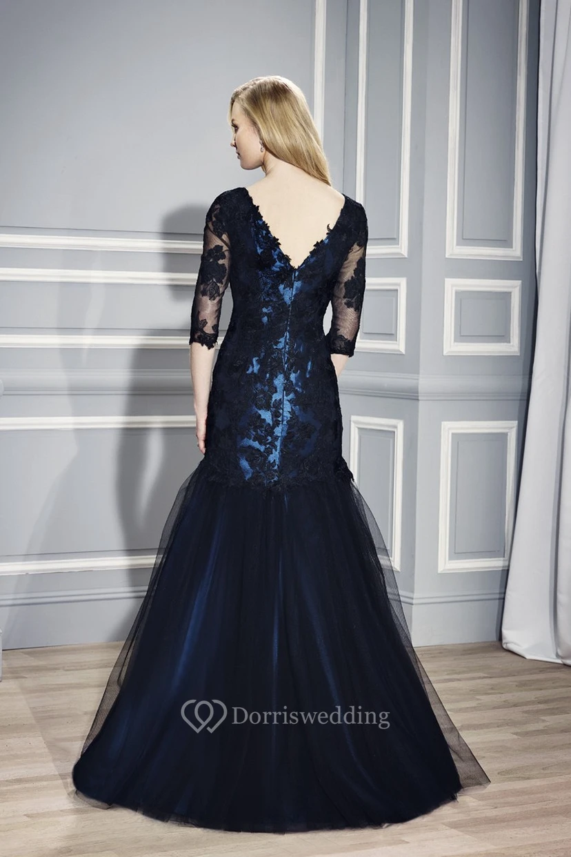 Mermaid Floor-Length Half Sleeve Appliqued V-Neck Satin Formal Dress view 2