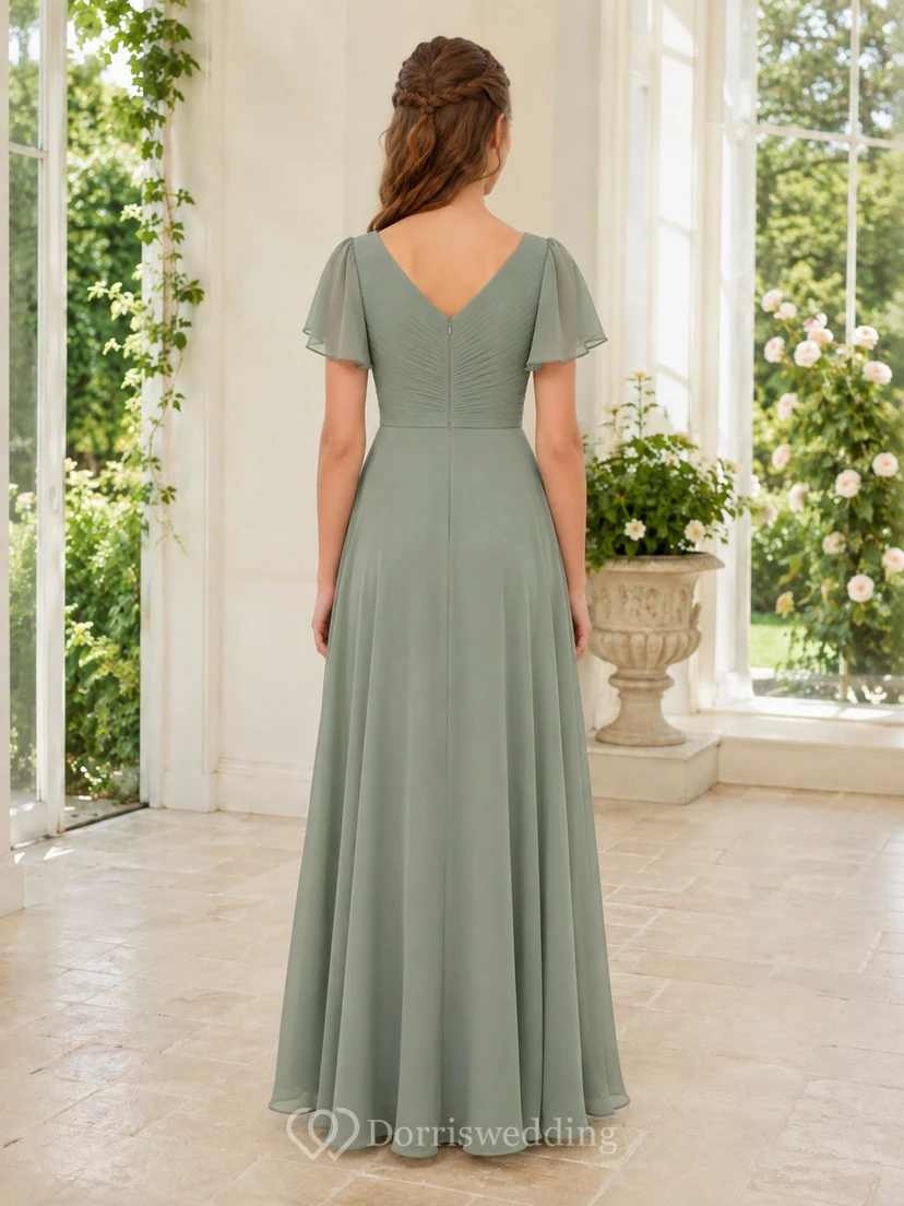 Vestido de dama de honor juvenil color celadón, corte en A, estilo joya, manga corta, pétalos plisados, romántico. view 2