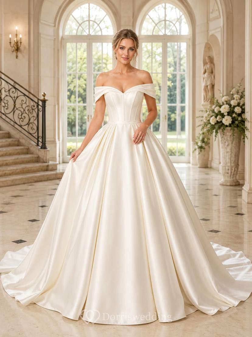 Robe de mariée minimaliste en satin, robe de bal épaules dénudées, traîne chapelle