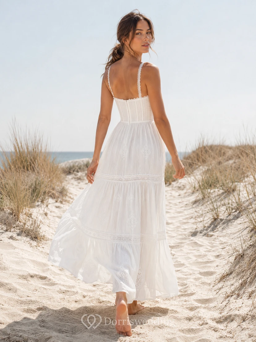 Simple Spaghetti Cotton Beach Wedding A Line Floor Length Sweetheart Corset Dress view 2