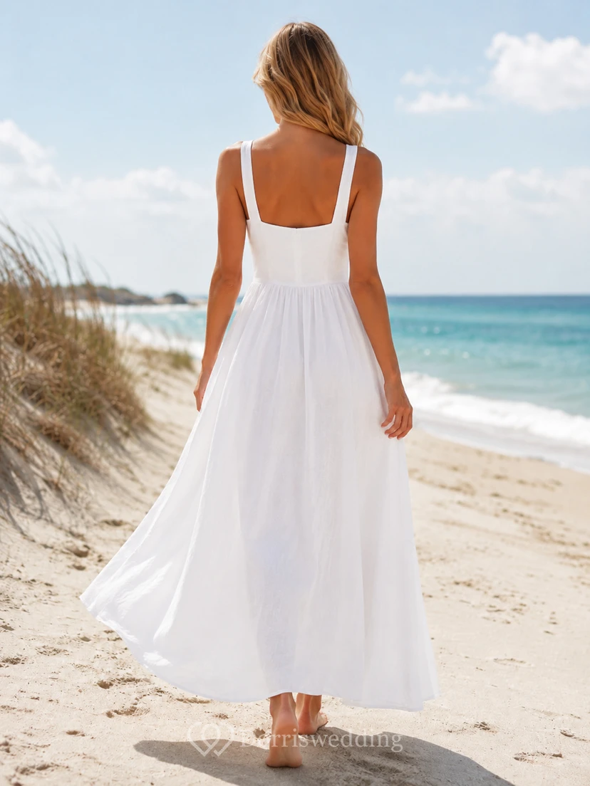 White Square Neck Strap Linen Beach Vacation Maxi Dress view 2