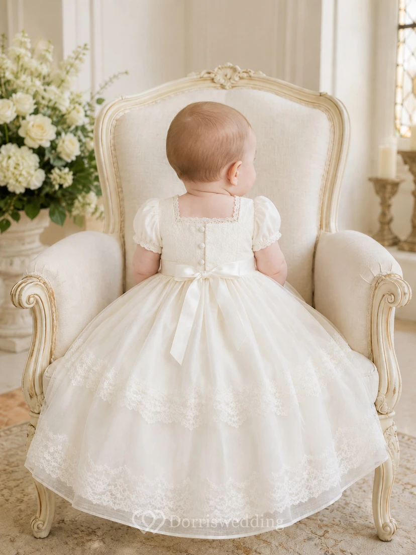 Square Neck Baptism Dress A-Line Tulle Lace Short Sleeve Knee-Length view 2