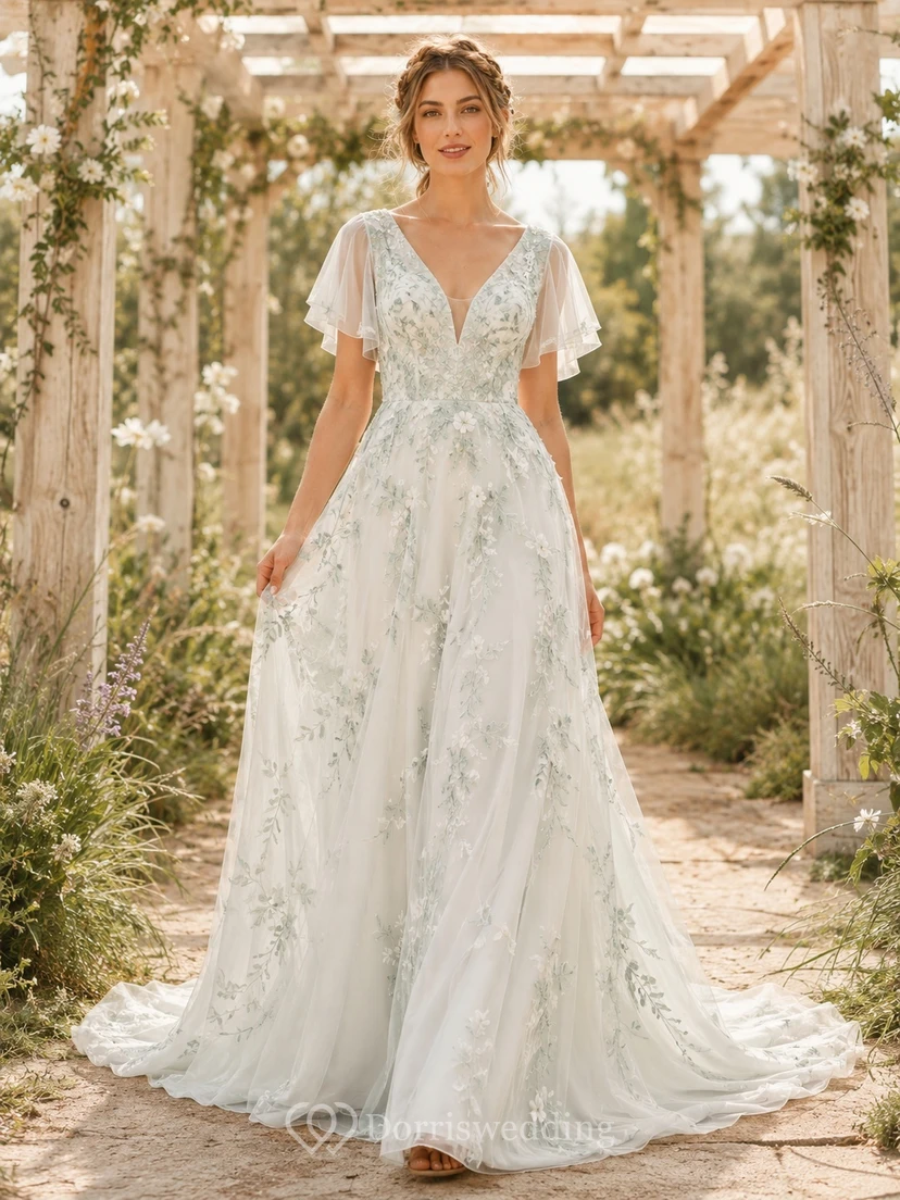 Celadon Floral Bridal A-Line V-neck Short Sleeve Chapel Train Romantic Elegant Gown