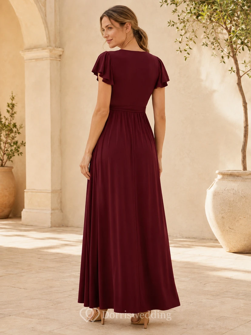 Robe de soirée bordeaux de maternité portefeuille à col V et manches papillon, coupe empire, longueur au sol view 2