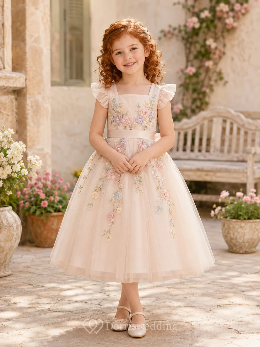 Pastellfarbenes, floral besticktes Prinzessinnenkleid in Teelänge, A-Linie, Tüll, eckigem Ausschnitt und kurzen Ärmeln für Blumenmädchen