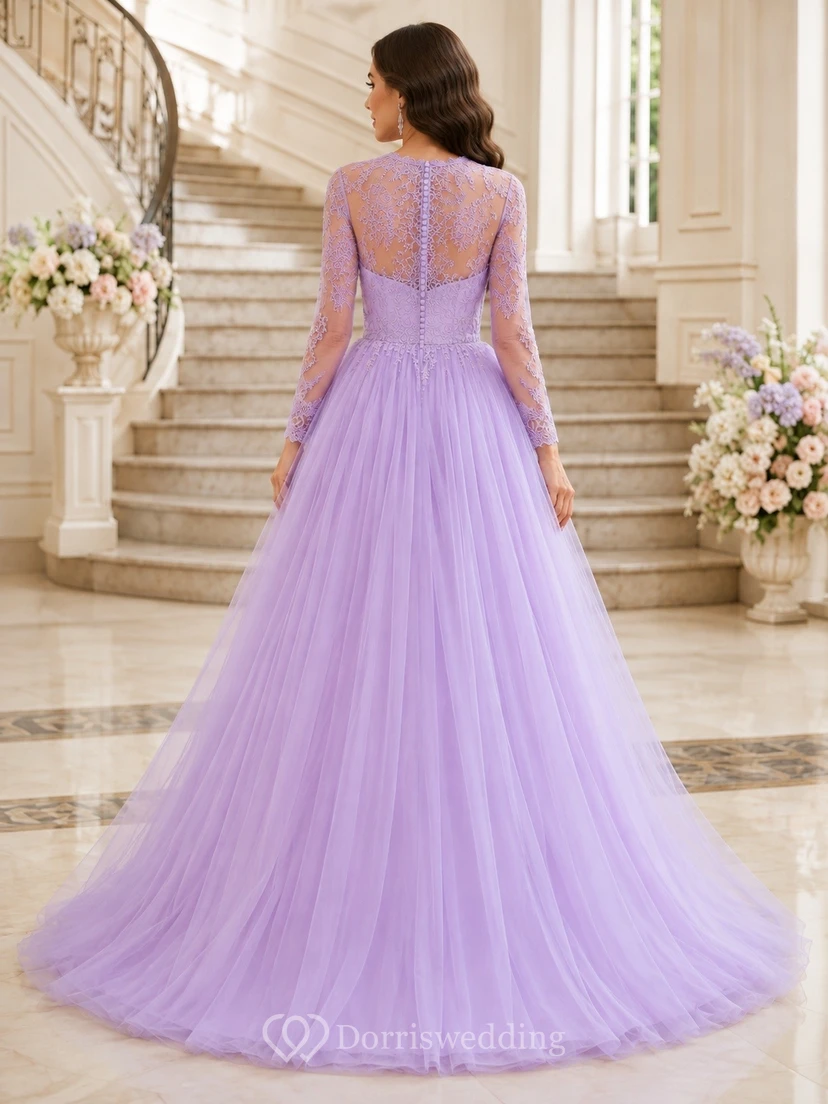 Romantic Lilac Tulle Ball Gown Floor-Length Sweetheart Straps Prom Dress view 2