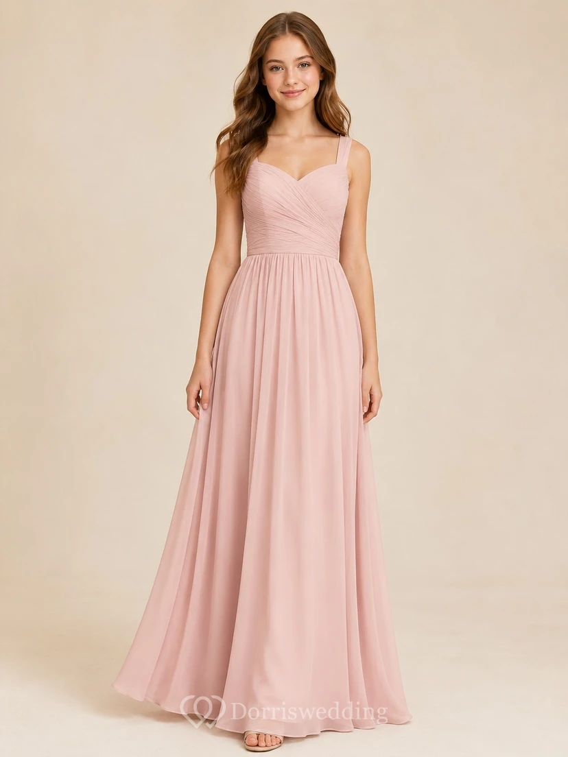 Vestido de dama de honor juvenil rosa perla, corte en A, escote corazón, sin mangas
