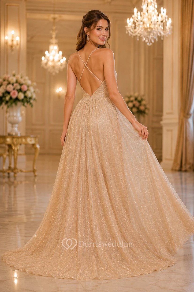 Vestido de fiesta de talla grande color champán con brillo, tul, corte en A, escote en V y espalda cruzada. view 2