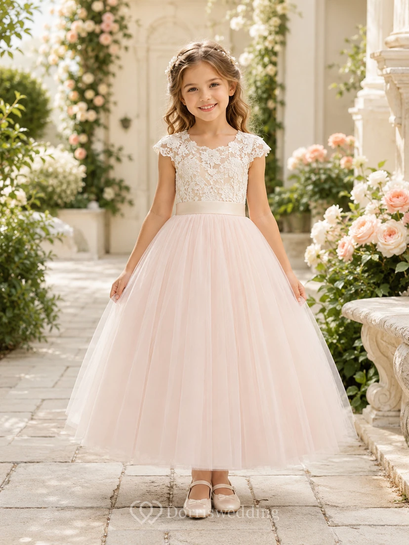 Blumenmädchenkleid aus rosafarbener Spitze und Tüll, A-Linie, kurze Ärmel, Rundhalsausschnitt, Teelänge