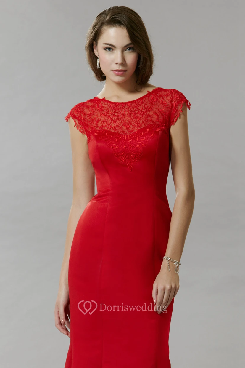 Mermaid Cap-Sleeve Lace Scoop Maxi Satin Prom Dress With Low-V Back And Sweep Train view 3