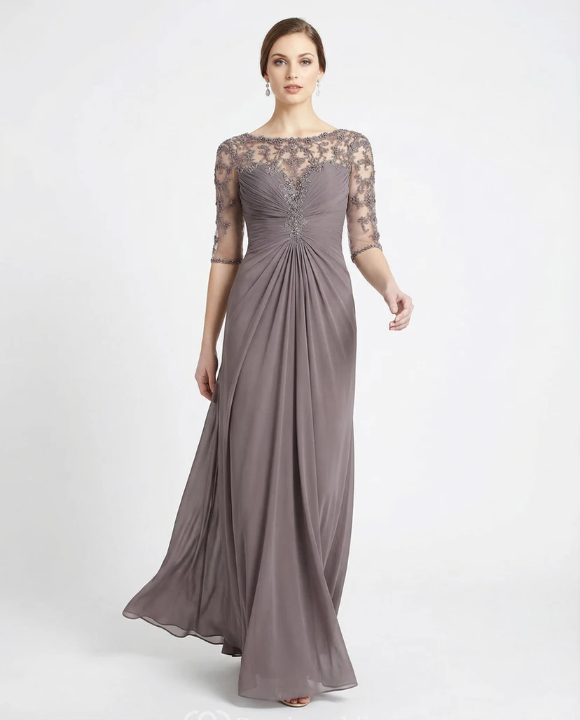 Ruched Bateau Neck Half Sleeve Chiffon Gown