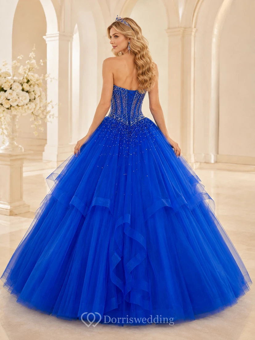 Royal Blue Luxury Strapless Sweetheart Crystal Layered Quinceanera Princess Formal Ball Gown view 2