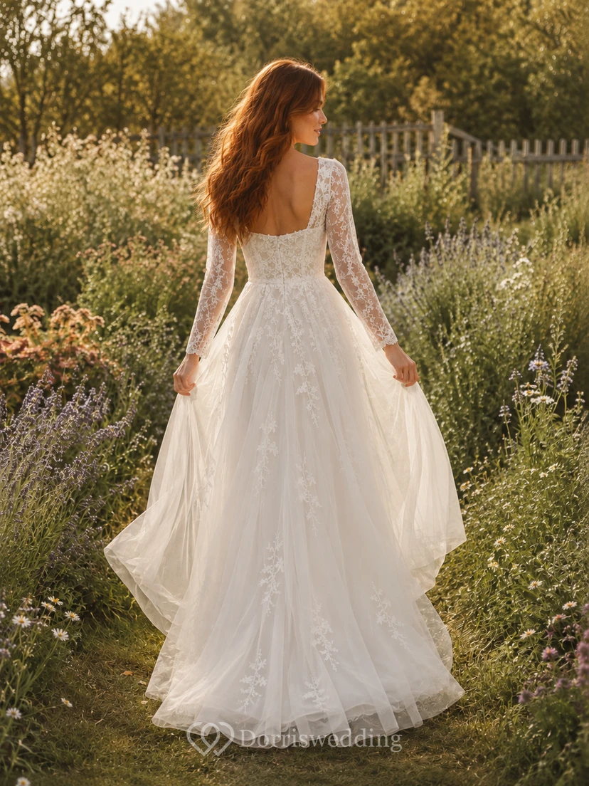 Garden Long Sleeve Lace A-Line Tea-Length Wedding Dress view 2