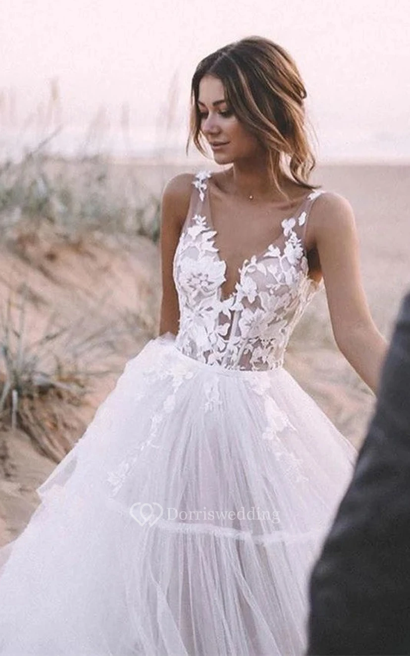 Vestido de novia sencillo de gala con escote en V, encaje y tul, largo hasta el suelo, sin mangas y con apliques. view 3