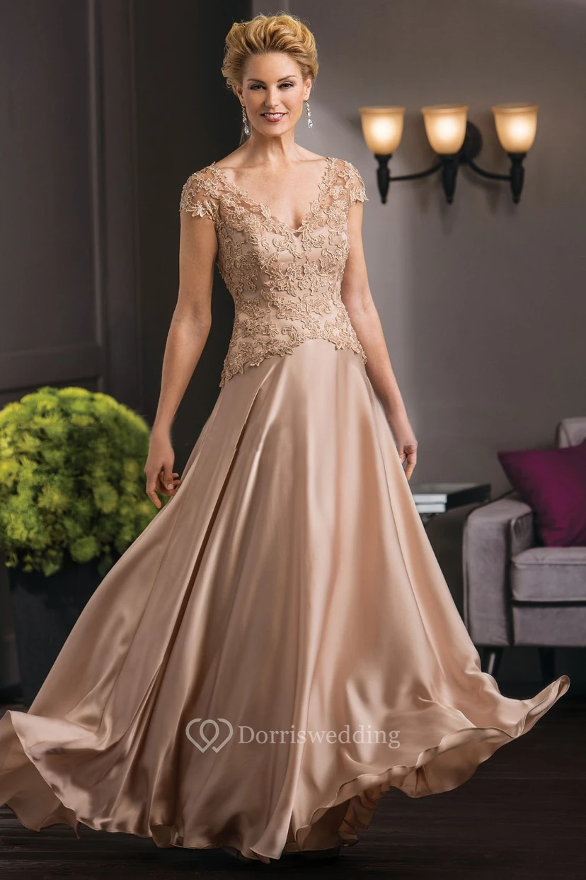 Cap-Sleeved V-Neck A-Line Mother Of The Bride Dress With Appliques And Illusion Back