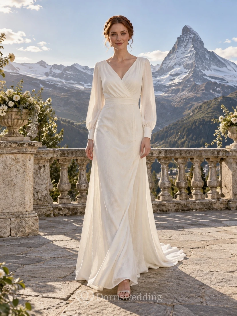 Vestido de novia sencillo de corte A con escote en V, mezcla de lino, mangas largas y cola fruncida.