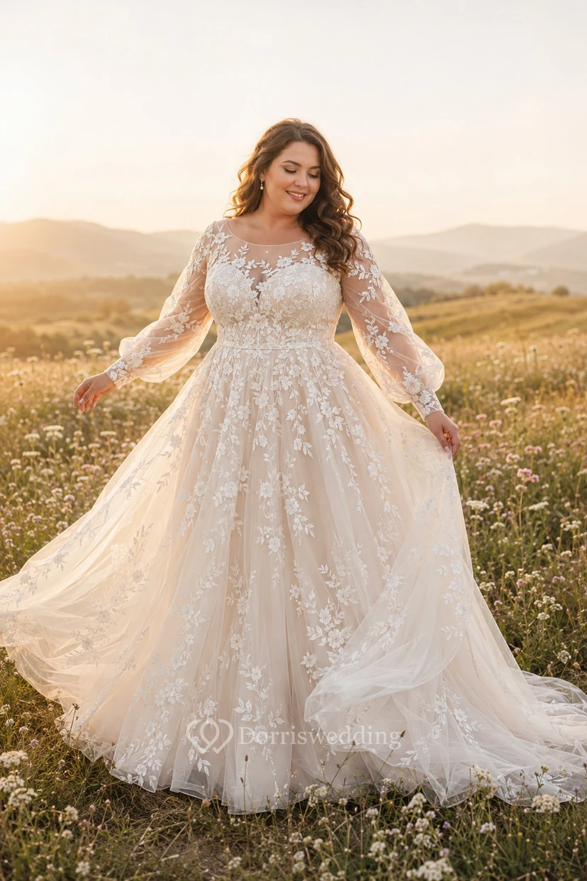 Plus Size Brautkleid in A-Linie mit langen Ärmeln aus Spitze und langer Schleppe