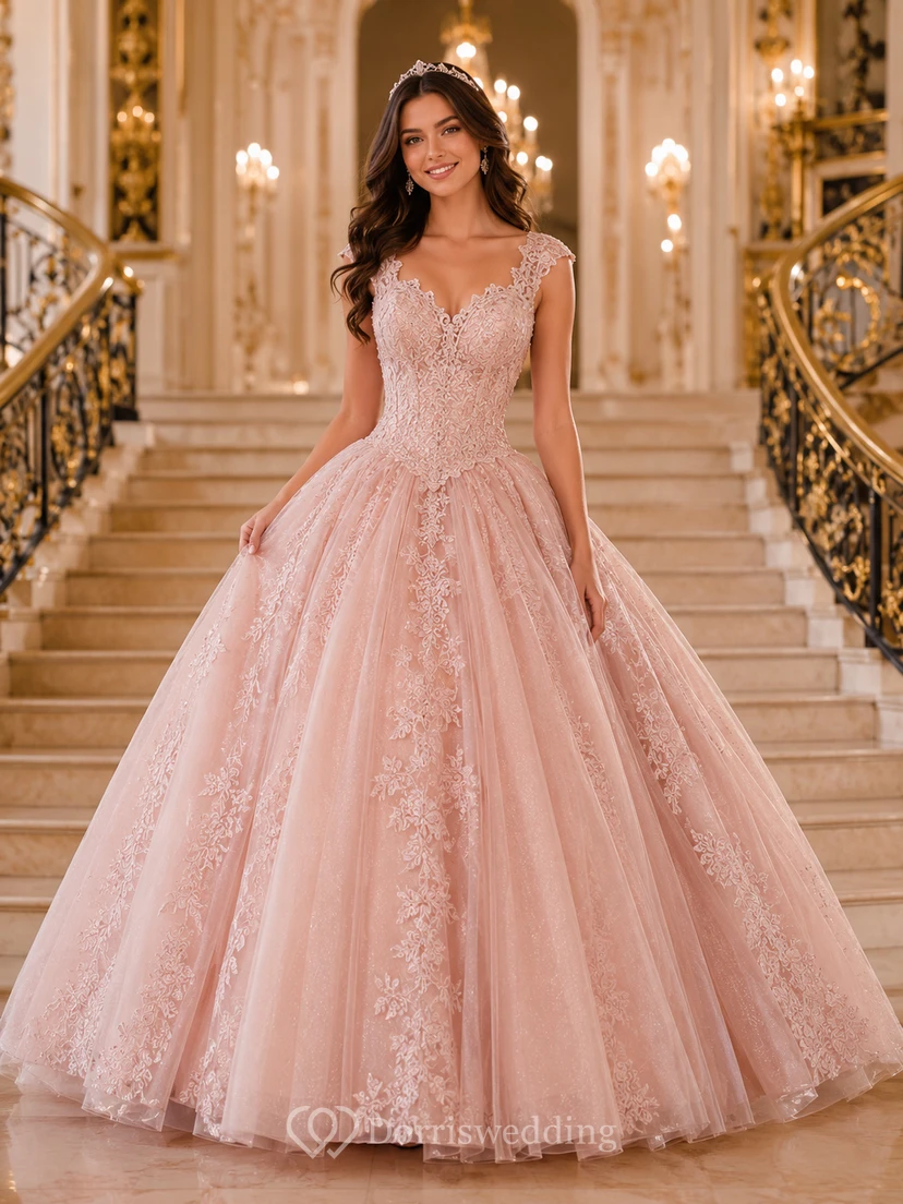 Blush Romantic V Neck Cap Sleeve Scalloped Lace Quinceanera Princess Formal Ball Gown
