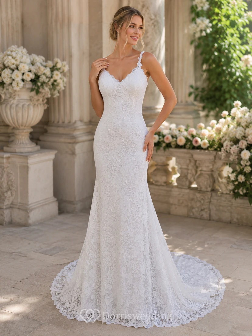 Robe de mariée sirène en dentelle, dos nu, bretelles spaghetti, style bohème chic, sexy, à bretelles spaghetti et ourlet asymétrique.