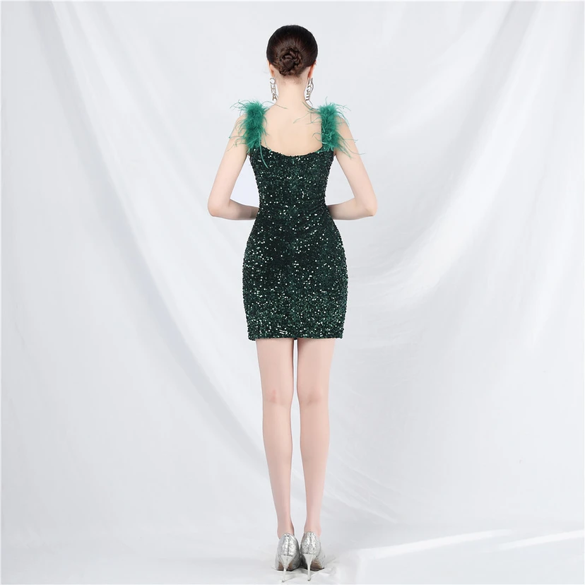 Craft Ostrich Feather Handmade Velvet Bottom Sequined Short Evening Dress Short Skirt view 24