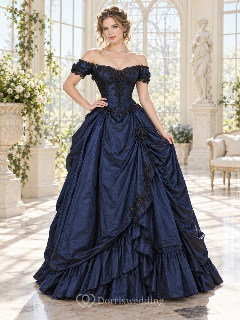 Victorian Dark Navy Off Shoulder Lace Corset Ruffled Ball Gown