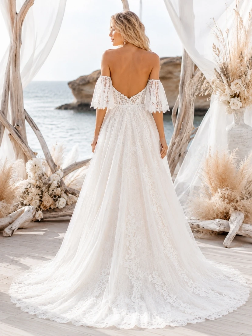 Bohemian Lace Off Shoulder Short Sleeve Sweep Train Gown view 2