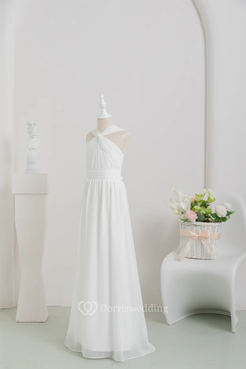 Chiffon Long White Empire Communion Casual Flowergirl Dress view 3