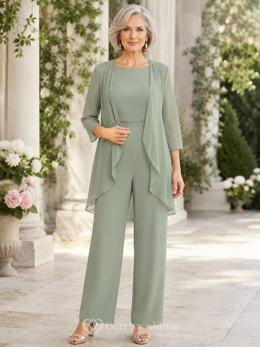 Sage Mother Jumpsuit with Jewel Neck Sheer Jacket and Ankle Length Pants