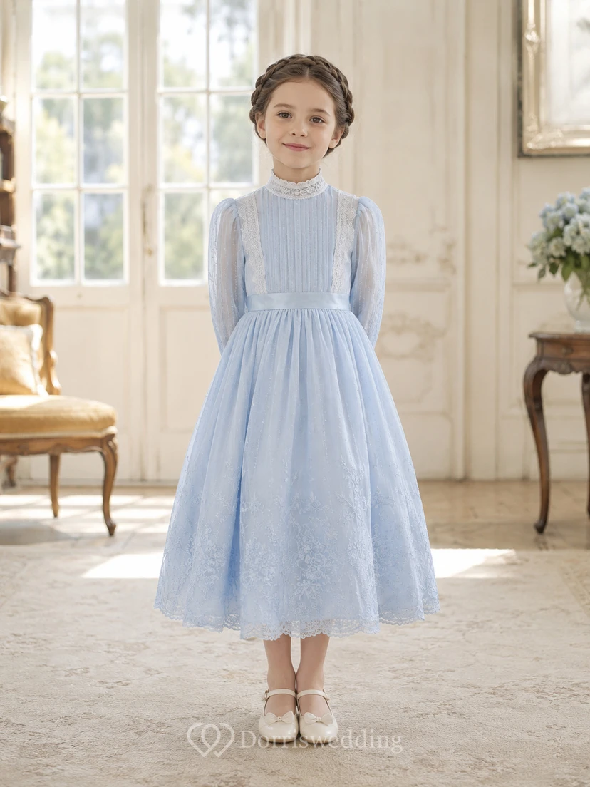 A-Line Edwardian Flower Girl Dress with High Neck, Long Sleeves, Pleated Tulle Skirt, Lace Trim, Edwardian Formal Style
