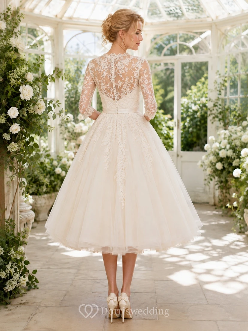Vintage Teelänge Brautkleid mit dreiviertelärmeln, Spitzenunterrock und A-Linien-Schnitt view 2