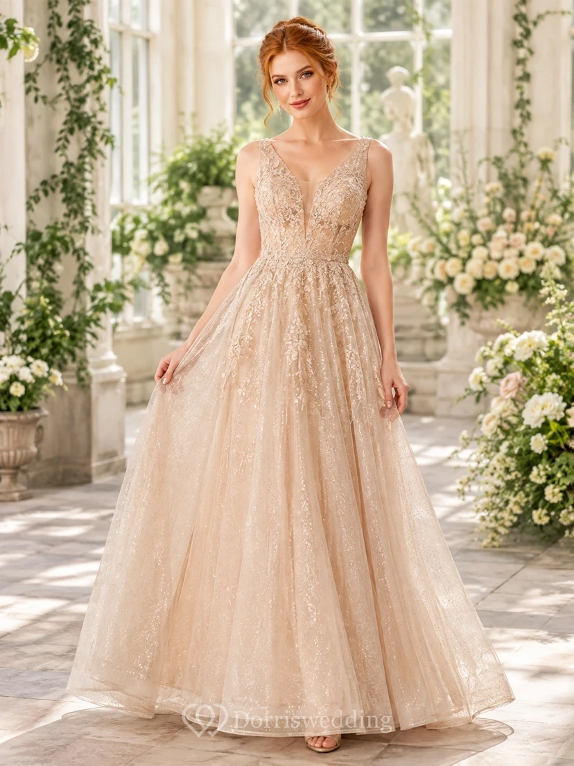 Champagne Romantic Floral Lace Cap-Sleeve A-Line Formal Evening Gown