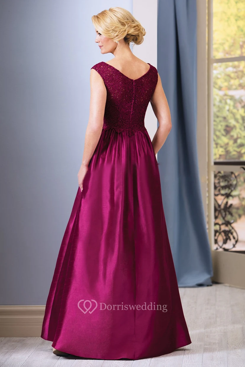 Cap-Sleeved V-Neck A-Line Taffeta Mother Of The Bride Dress With Lace And Beadings view 2
