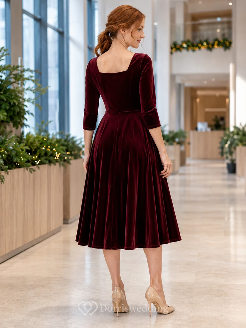 Burgundy Velvet Square Neck A Line Office Party Dress view 2