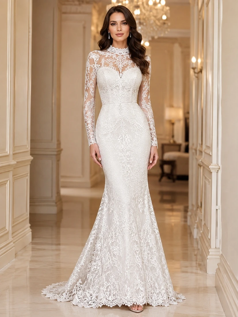 Vestido de novia de lujo largo hasta el suelo, estilo sirena, con mangas largas y cuello alto, encaje.