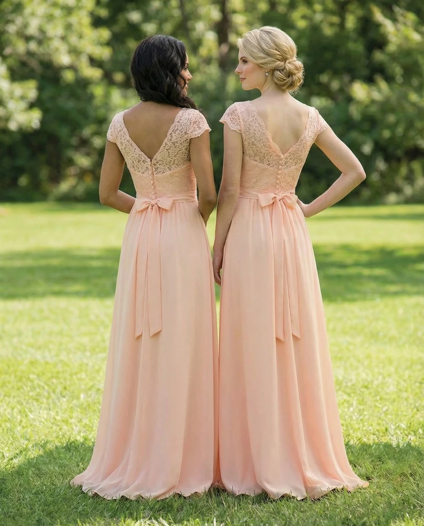 V-Neck Cap-Sleeve Lace & Chiffon Gown view 2