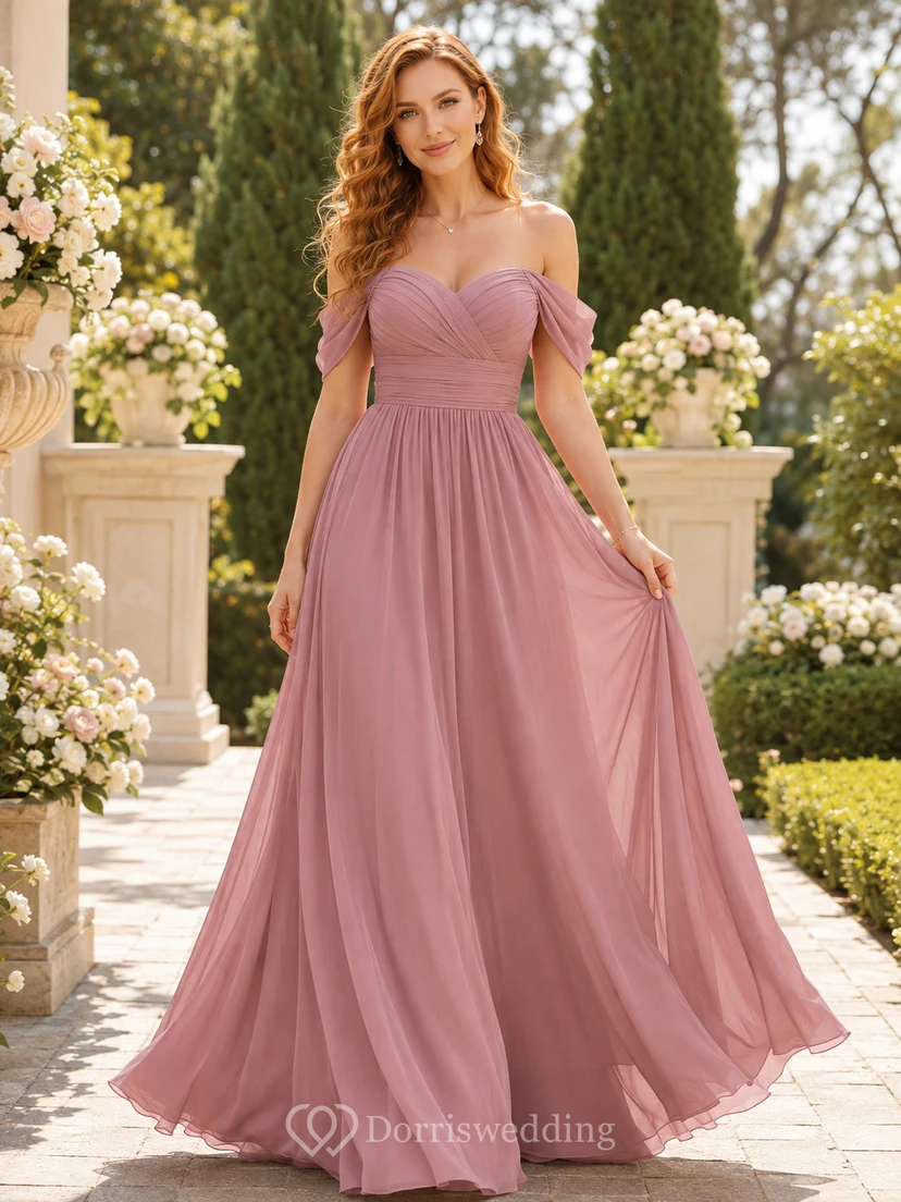 Tender Dusty-Rose Off-Shoulder Sweetheart Ruched Chiffon A-Line Floor-Length Bridesmaid Guest Dress