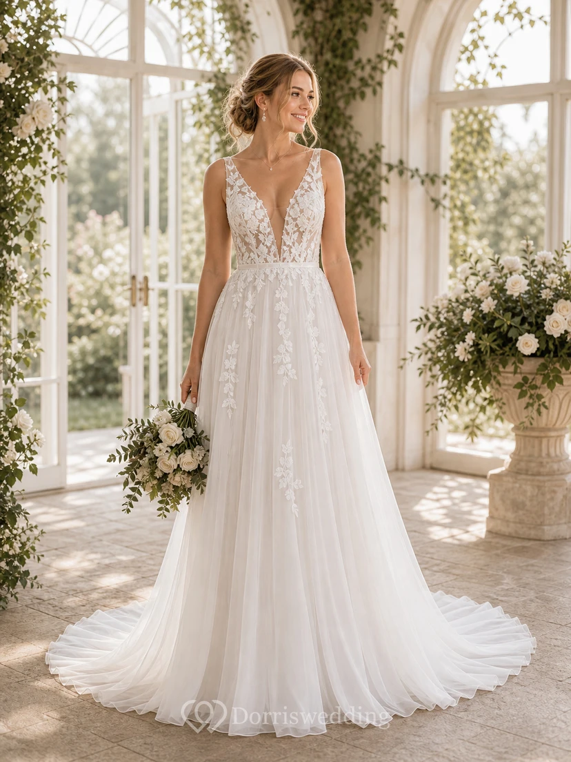 Sexy Boho-Brautkleid im Landhausstil mit V-Ausschnitt, ärmellos, A-Linie, Empire-Schnitt und Illusion-Schnitt aus Tüll – weiß