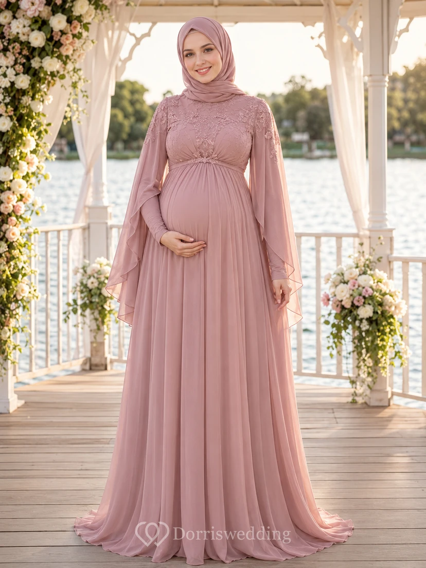 Maternity Dusty Rose Muslim Long Sleeve Chiffon Empire Wedding Dress