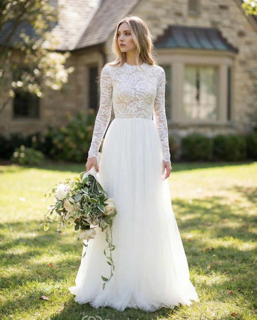 Long Sleeve Lace A-Line Gown with Open Back