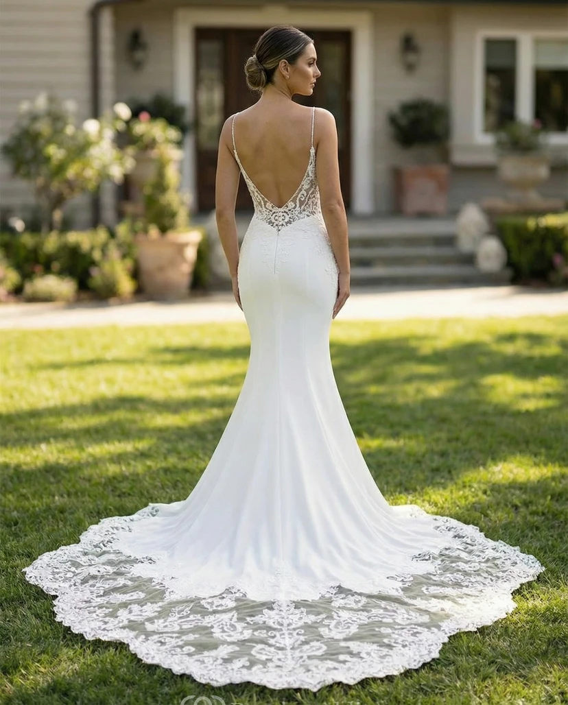 Robe de mariée sirène en dentelle à fines bretelles et décolleté en V view 2