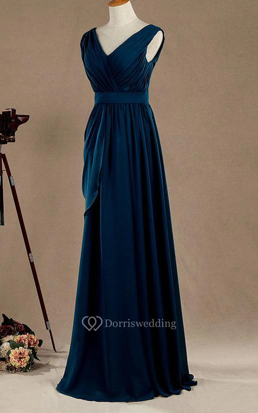 Cap Sleeve V Neck A-line Pleated Chiffon Long Dress With Side Draping view 2