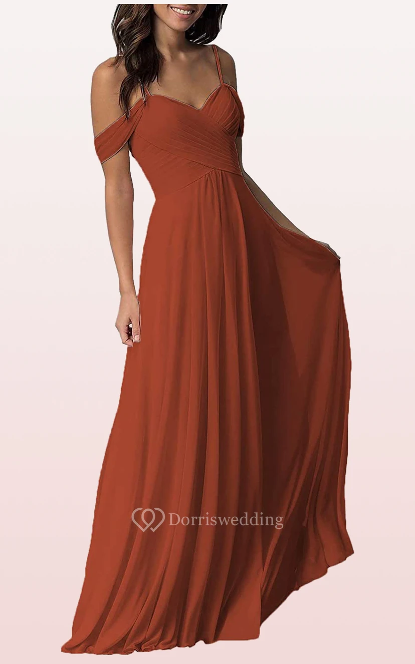 Off-the-shoulder A Line Sleeveless Floor-length Chiffon Bridesmaid Dress With Ruching view 5