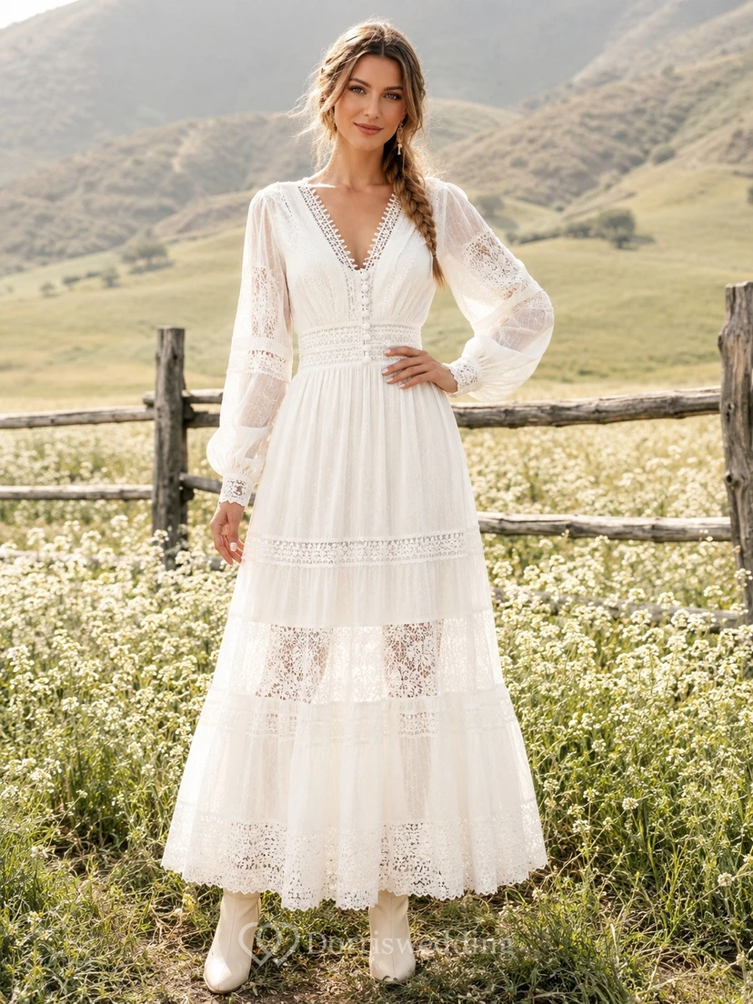White V-Neck Long Sleeve Lace Panel Chiffon Boho Maxi Dress