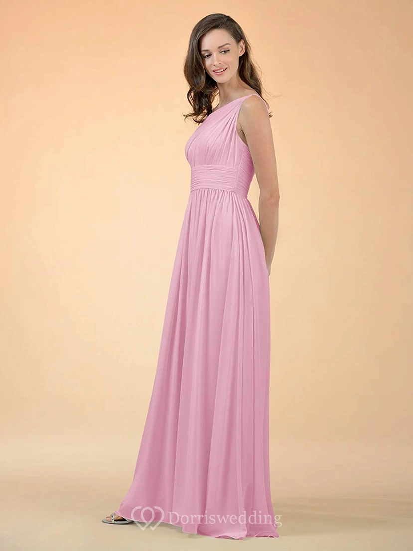 Elegantes, schulterfreies, bodenlanges Chiffon-Brautjungfernkleid in A-Linie mit Raffungen und A-Linien-Schnitt view 5