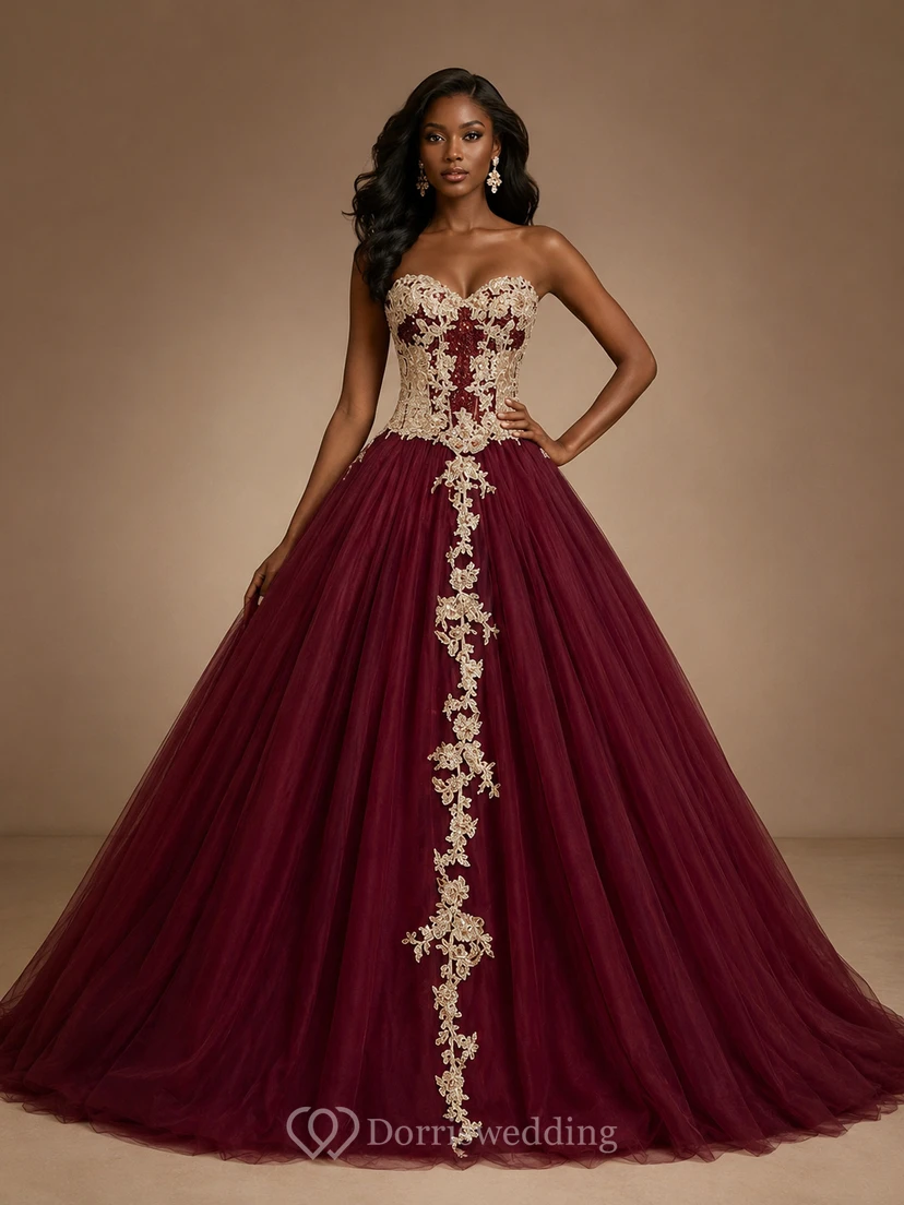 Langes Ballkleid mit Applikationen, Reißverschluss und Schnürung am Rücken aus Tüll und Spitze view 5