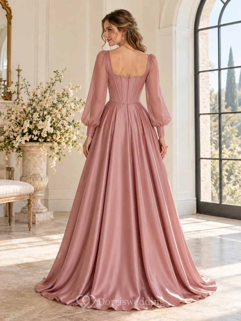 Robe de bal trapèze en satin rose poudré, col carré, manches longues, style modeste view 2