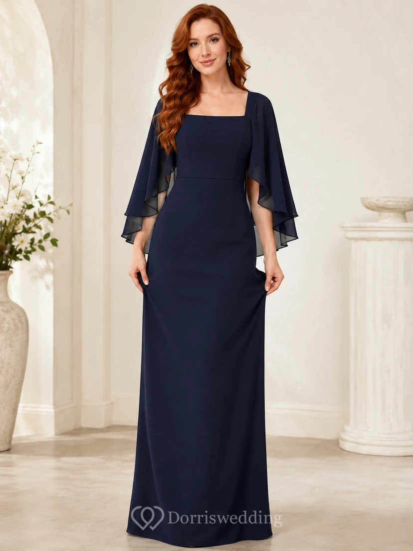 Vestido formal azul marino largo hasta el suelo con escote redondo y capa, ideal para madres.