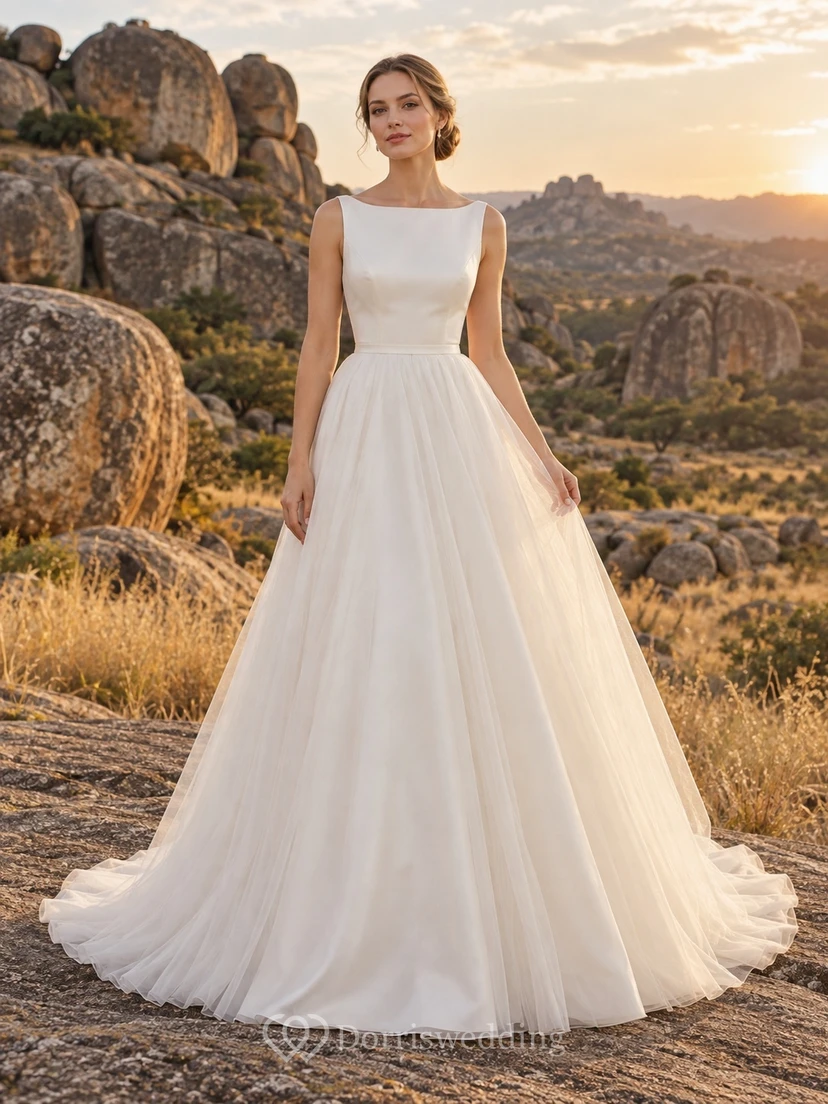 Vestido de novia sencillo y modesto con escote barco, de satén y tul, sin mangas y falda larga.
