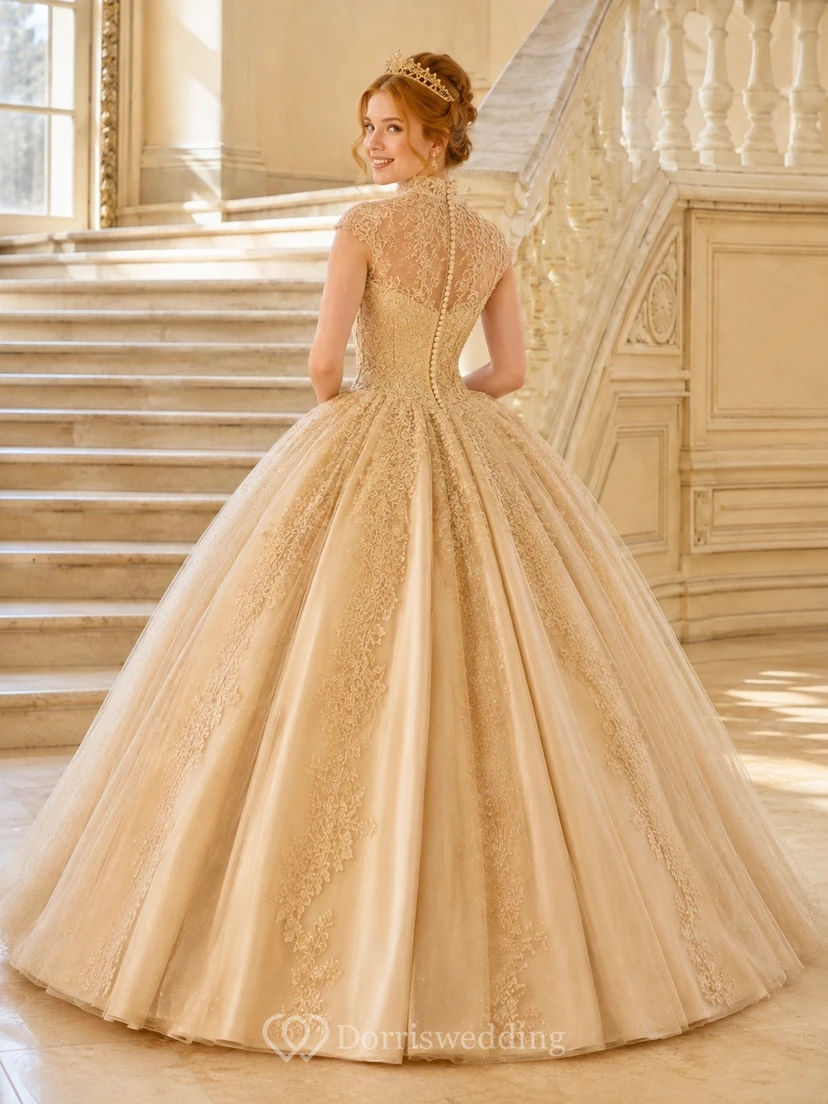 Champagne Quinceanera Tulle High-Neck Cap-Sleeve Ball Gown Dress view 2